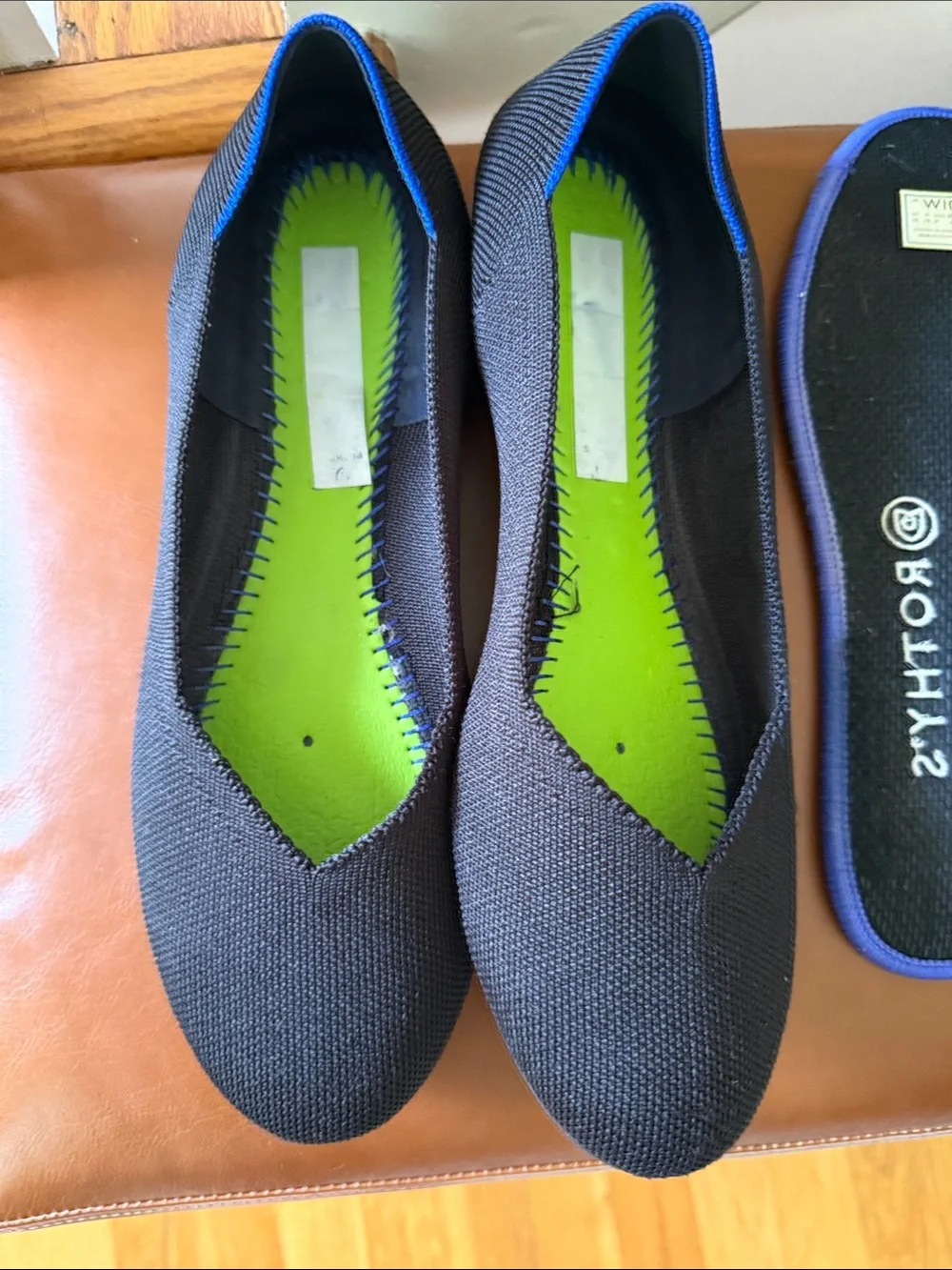 Rothy's Black Knit Slip-On Flats with Blue Trim